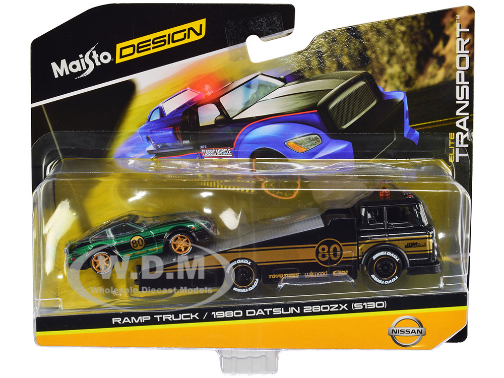 Ramp Truck #80 Dark Gray Metallic with Gold Metallic Stripes "JDM Garage" and 1980 Datsun 280ZX (S130) #80 Green Metallic with Stripes "Elite Transport" Series 1/64 Diecast Models by Maisto diecast model