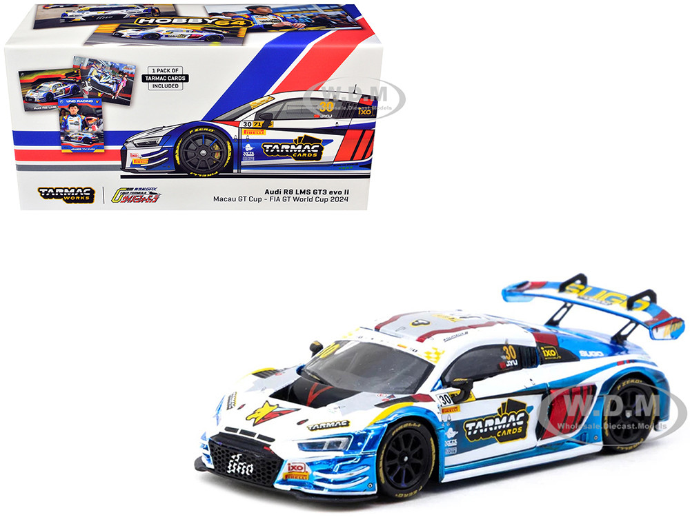 Audi R8 LMS GT3 evo II #30 James Yu "Uno Racing Team" "Macau GT Cup - FIA GT World Cup" (2024) with Plastic Transporter Packaging and Collectible Tarmac Cards "Hobby64" Series 1/64 Diecast Model Car by Tarmac Works diecast model