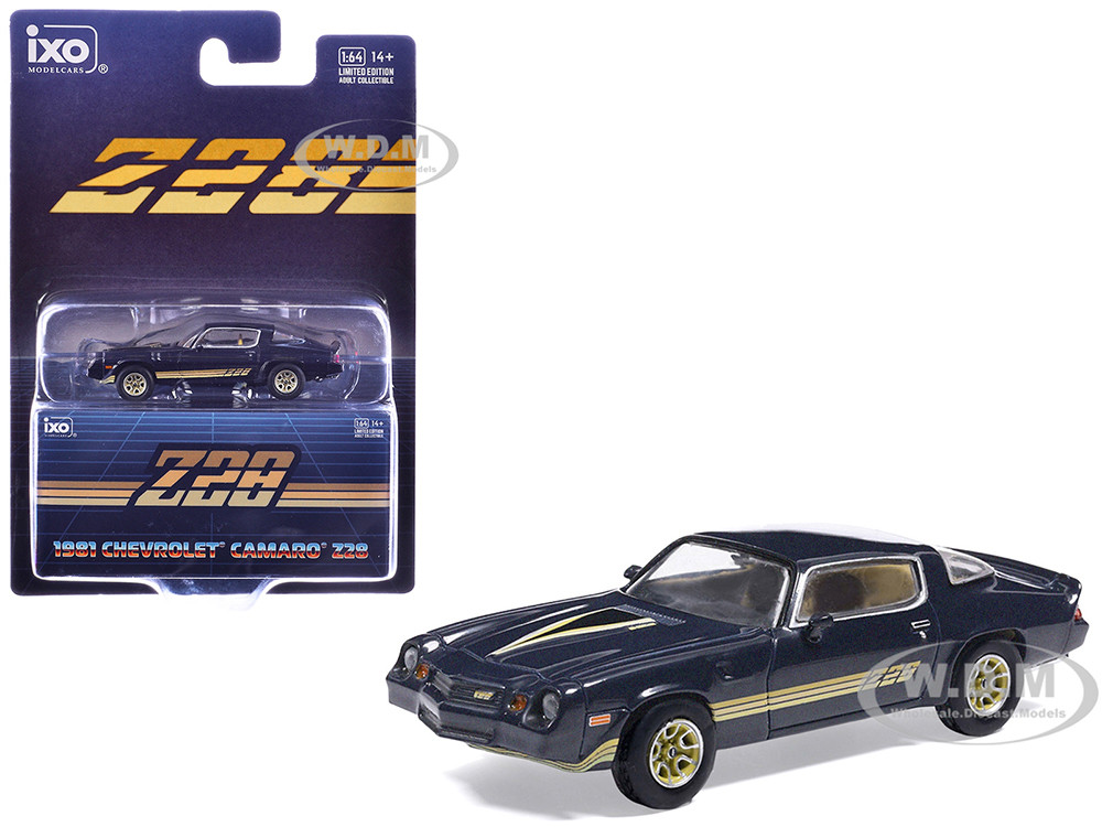 1981 Chevrolet Camaro Z28 Dark Blue Metallic with Gold Stripes and Interior 1/64 Diecast Model Car by IXO Models diecast model