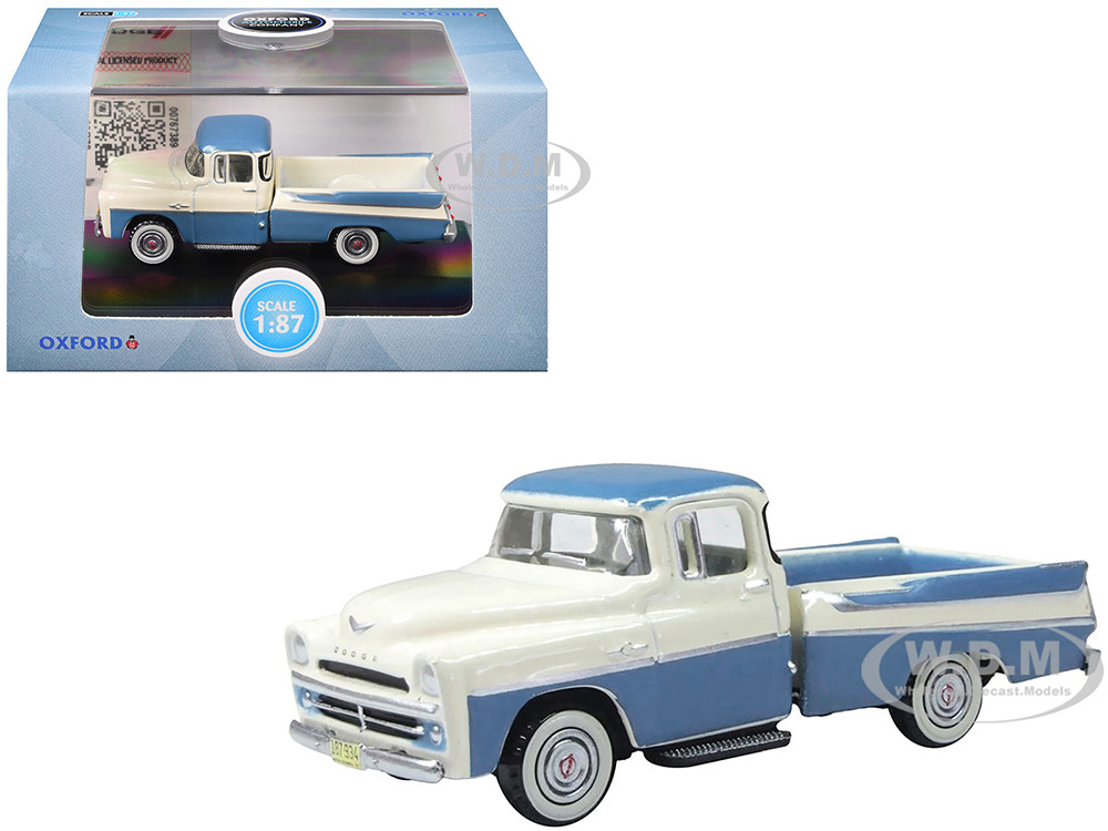 1957 Dodge D100 Sweptside Pickup Truck Ice Blue and Glacier White 1/87 (HO) Scale Diecast Model Car by Oxford Diecast diecast model