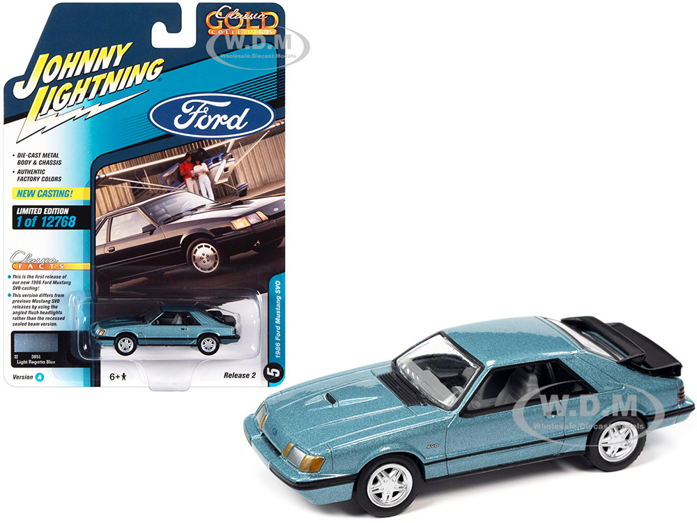 1986 Ford Mustang SVO Light Regatta Blue Metallic with Black Stripes "Classic Gold Collection" Series Limited Edition to 12768 pieces Worldwide 1/64 Diecast Model Car by Johnny Lightning diecast model