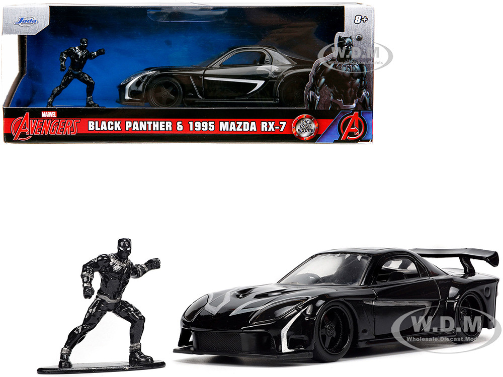 1995 Mazda RX-7 RHD (Right Hand Drive) Black and Black Panther Diecast Figure "The Avengers" "Hollywood Rides" Series 1/32 Diecast Model Car by Jada diecast model