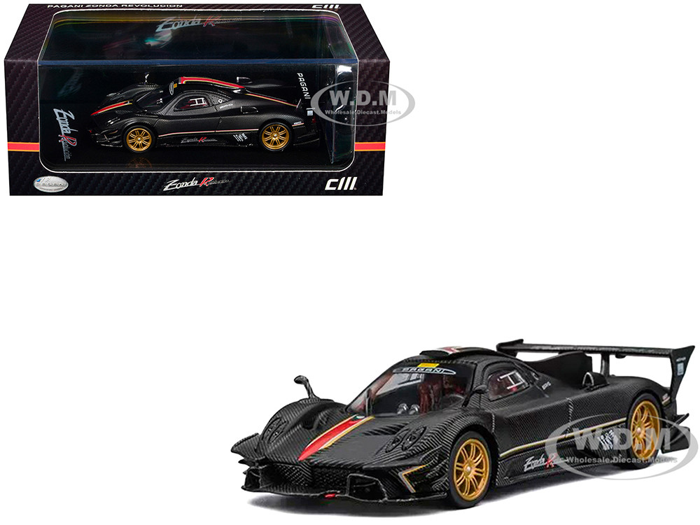 Pagani Zonda Revolucion Carbon with Red and Gold Stripes and Extra Wheels 1/64 Diecast Model Car by CM Model diecast model