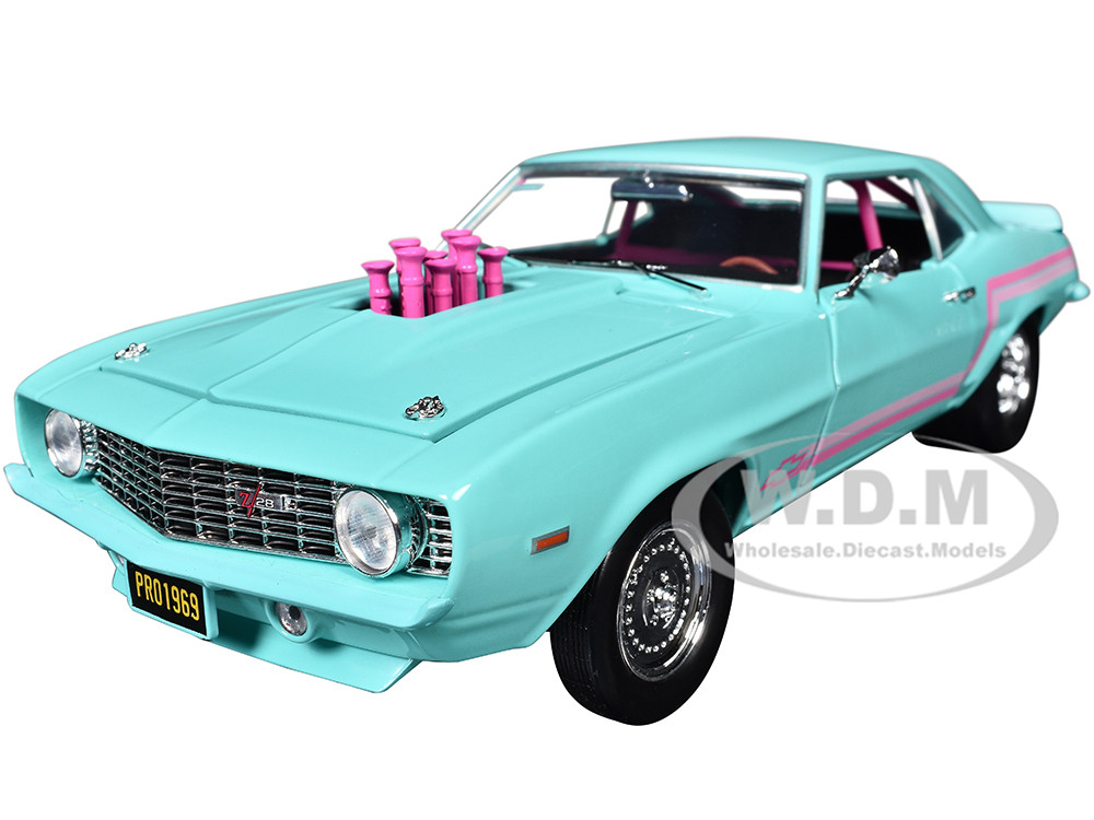 1969 Chevrolet Camaro Z/28 Light Blue with Pink Stripes "Pro Street" Limited Edition to 6250 pieces Worldwide 1/24 Diecast Model Car by M2 Machines diecast model