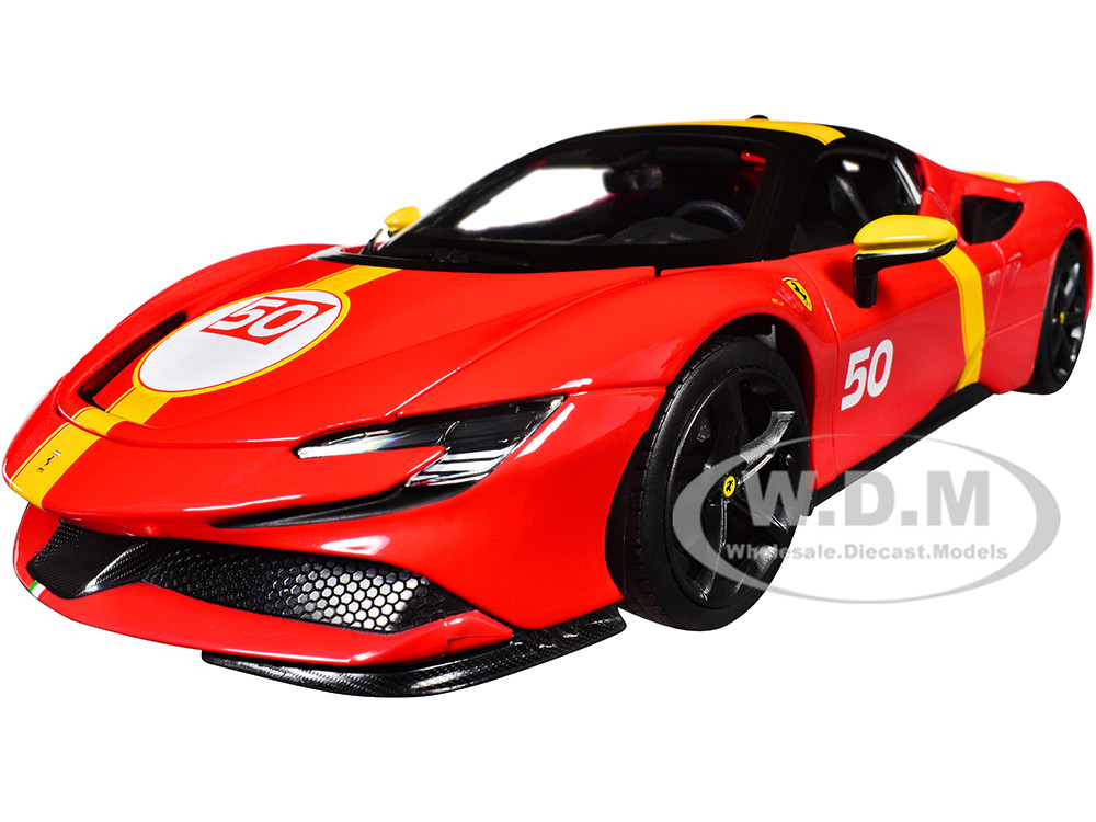 Ferrari SF90 Stradale Assetto Fiorano #50 Red with Black Top and Yellow Stripes "Race + Play" Series 1/18 Diecast Model Car by Bburago diecast model