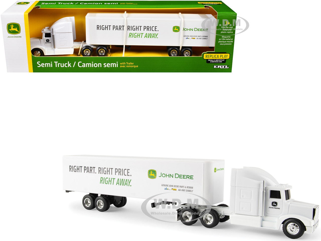 Semi Truck with Trailer "John Deere: Right Part. Right Price." White "Replica Play" Series 1/64 Diecast Model by ERTL TOMY diecast model