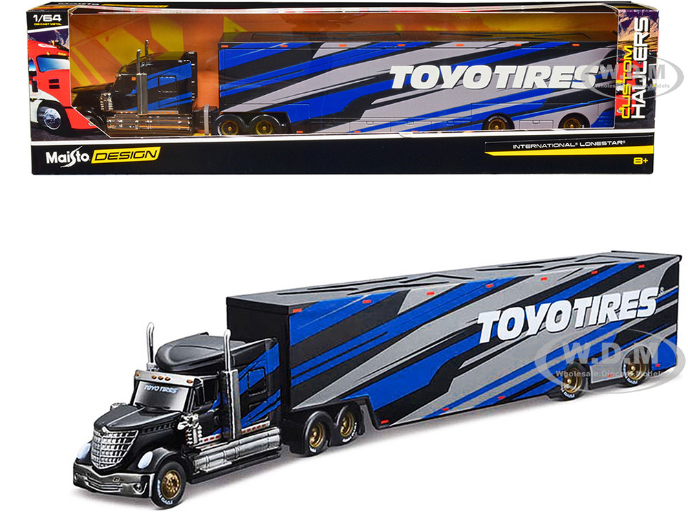 International LoneStar Enclosed Car Transporter "Toyo Tires" Black with Blue and Gray Stripes "Custom Haulers" Series 1/64 Diecast Model by Maisto diecast model