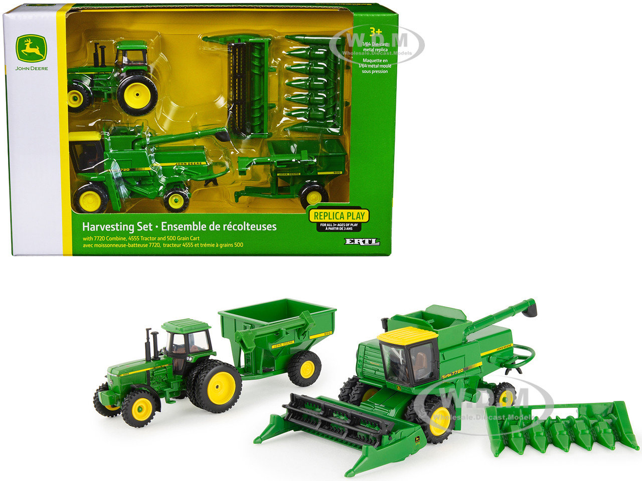 John Deere Harvesting Set of 3 pieces - 7720 Combine, 4555 Tractor and 500 Grain Cart 1/64 Diecast Models by ERTL TOMY diecast model