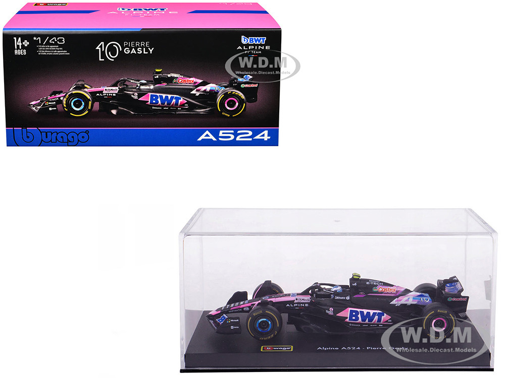 Alpine A524 #10 Pierre Gasly "BWT" "Formula One F1 World Championship" (2024) with Driver Figure and Display Case "Race" Series 1/43 Diecast Model Car by Bburago diecast model