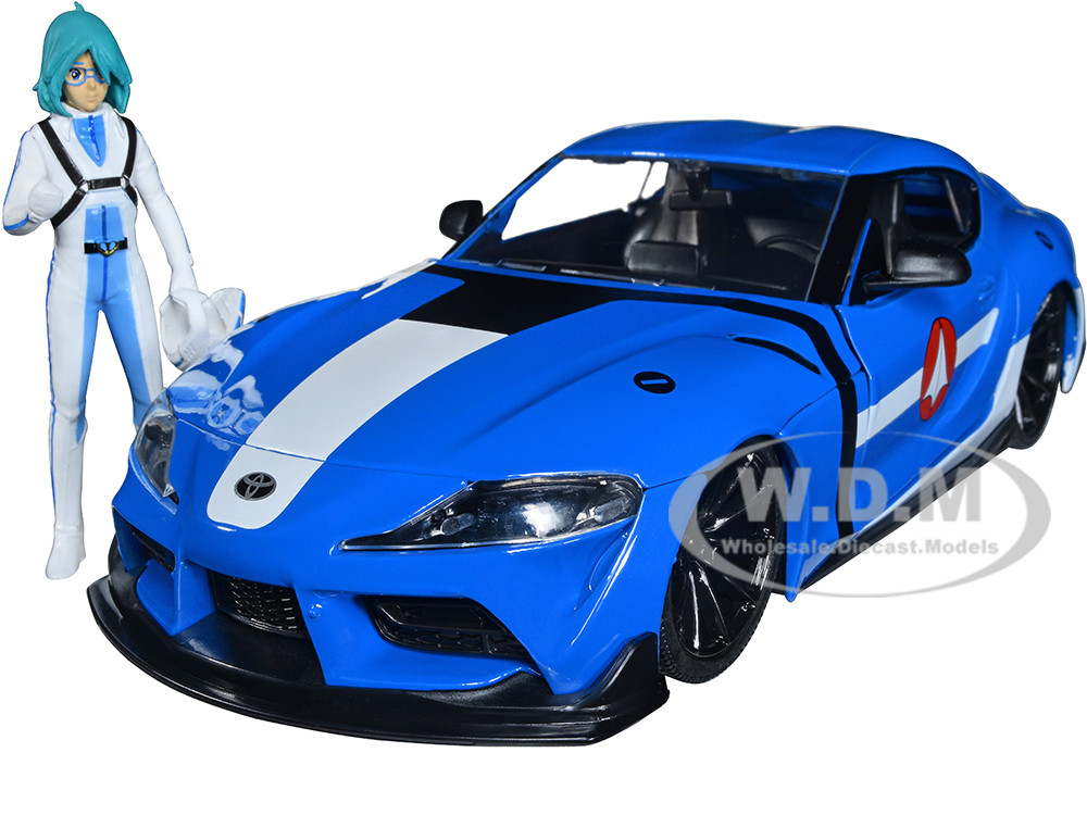2020 Toyota Supra Blue with Graphics and Max Sterling Diecast Figurine "Robotech" "Hollywood Rides" Series 1/24 Diecast Model Car by Jada diecast model