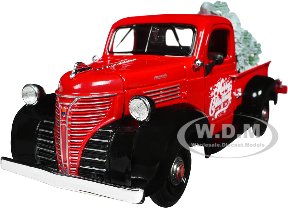 1941 Plymouth Pickup Truck Red and Black "Merry Christmas" with Tree Accessory 1/24 Diecast Model Car by Motormax diecast model