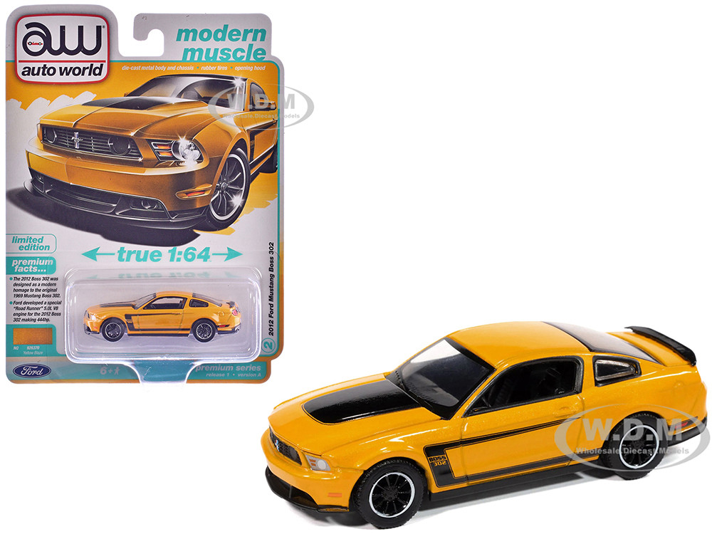 2012 Ford Mustang Boss 302 Yellow Blaze with Black Accents "Modern Muscle" Series 1/64 Diecast Model Car by Auto World diecast model