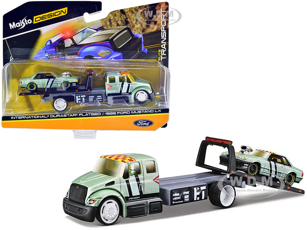 International DuraStar Flatbed Truck #17 and 1988 Ford Mustang LX #17 Light Green Metallic with Stripes and Graphics "Elite Transport" Series 1/64 Diecast Models by Maisto diecast model
