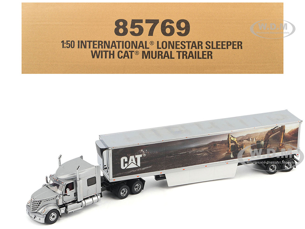 International Lonestar Truck with Sleeper Silver Metallic with "CAT Caterpillar" Mural Trailer "Transport Series" 1/50 Diecast Model by Diecast Masters diecast model