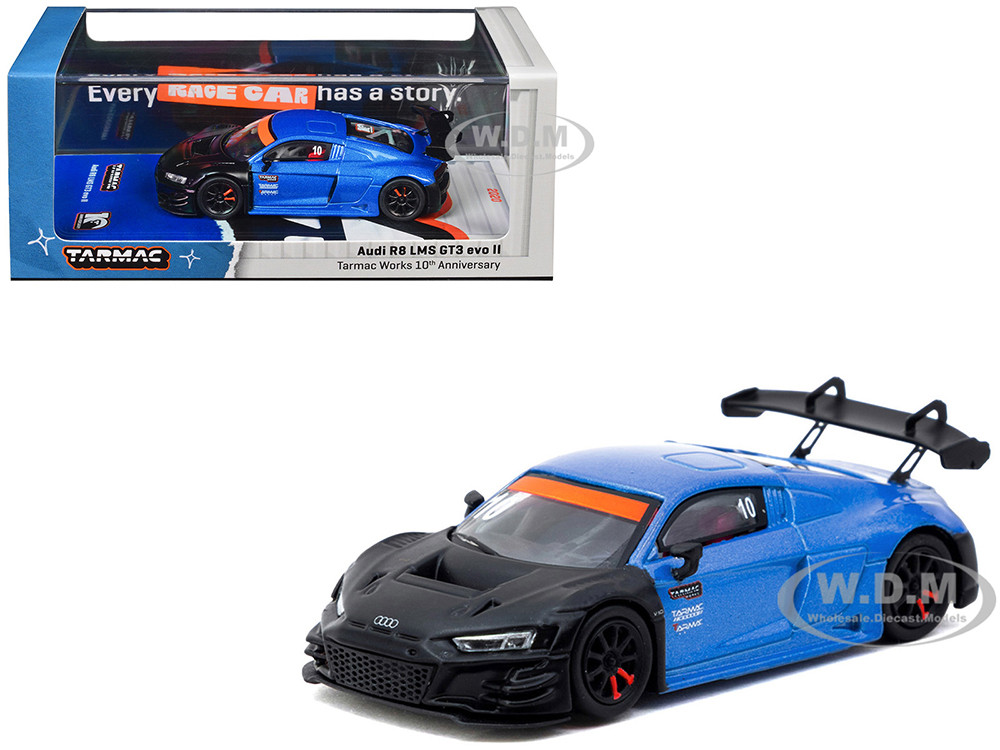 Audi R8 LMS GT3 evo II #10 "Tarmac Works 10th Anniversary" Blue Metallic and Matt Black "Hobby64" Series 1/64 Diecast Model Car by Tarmac Works diecast model
