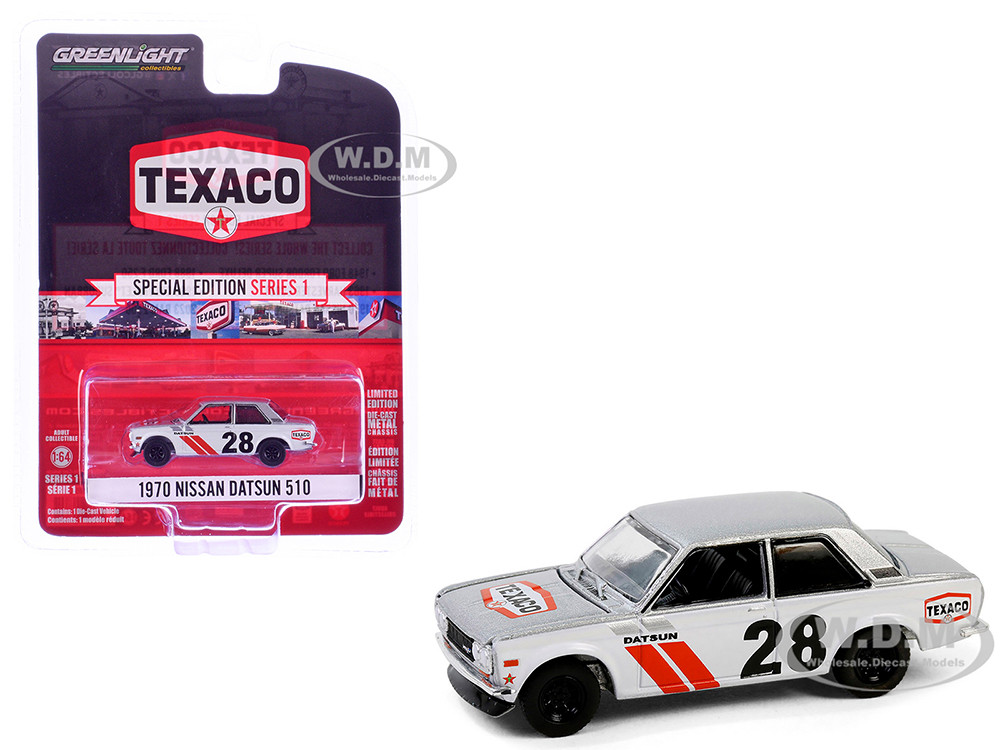 1970 Nissan Datsun 510 #28 "Texaco" Silver Metallic and White with Red Stripes "Texaco Special Edition" Series 1 1/64 Diecast Model Car by Greenlight diecast model