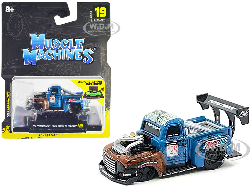 1949 Ford F1 Pickup Truck #128 "Old Smokey" Blue and Brown (Weathered) 1/64 Diecast Model Car by Muscle Machines diecast model