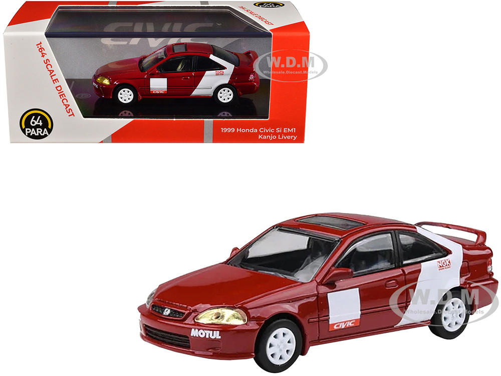 1999 Honda Civic Si EM1 "Kanjo Livery" Red with White Stripes 1/64 Diecast Model Car by Paragon Models diecast model