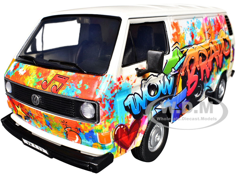 Volkswagen Type 2 (T3) Van White Metallic with Graffiti Graphics 1/24 Diecast Model Car by Motormax diecast model