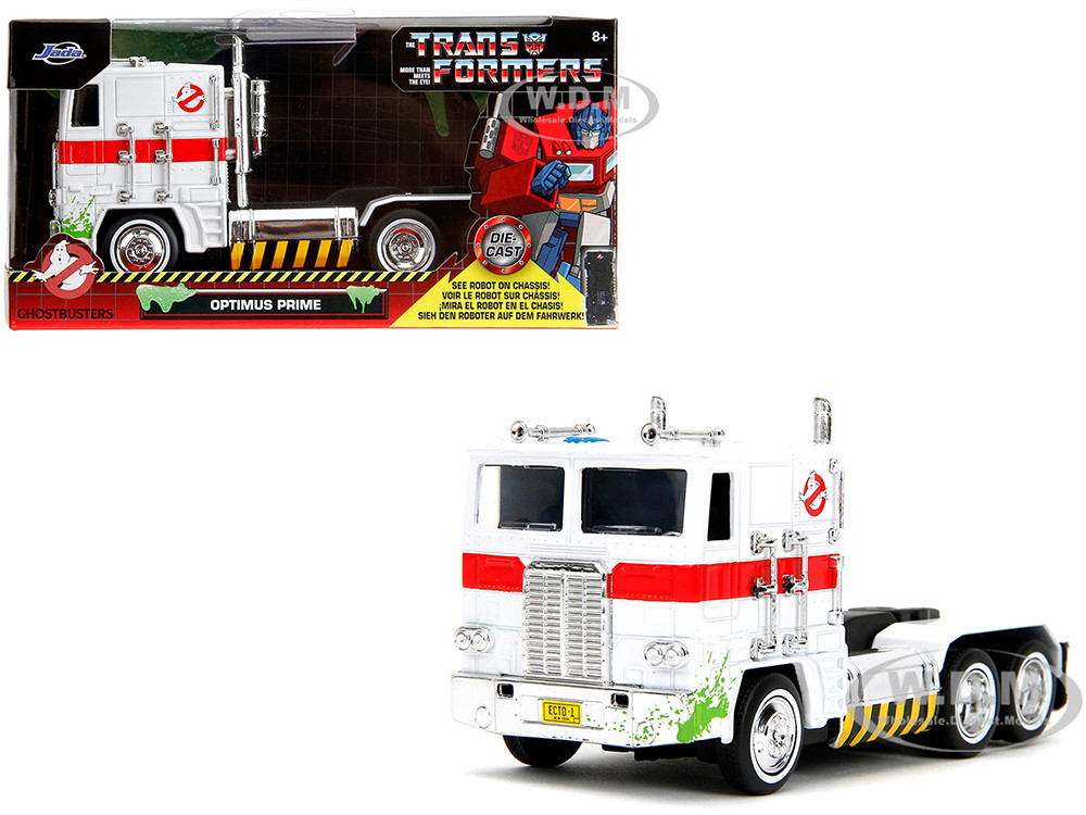 G1 Autobot Optimus Prime Truck White with Robot on Chassis from "Transformers" TV Series - "Ghostbusters" (1984) Movie Crossover "Hollywood Rides" Series Diecast Model by Jada diecast model