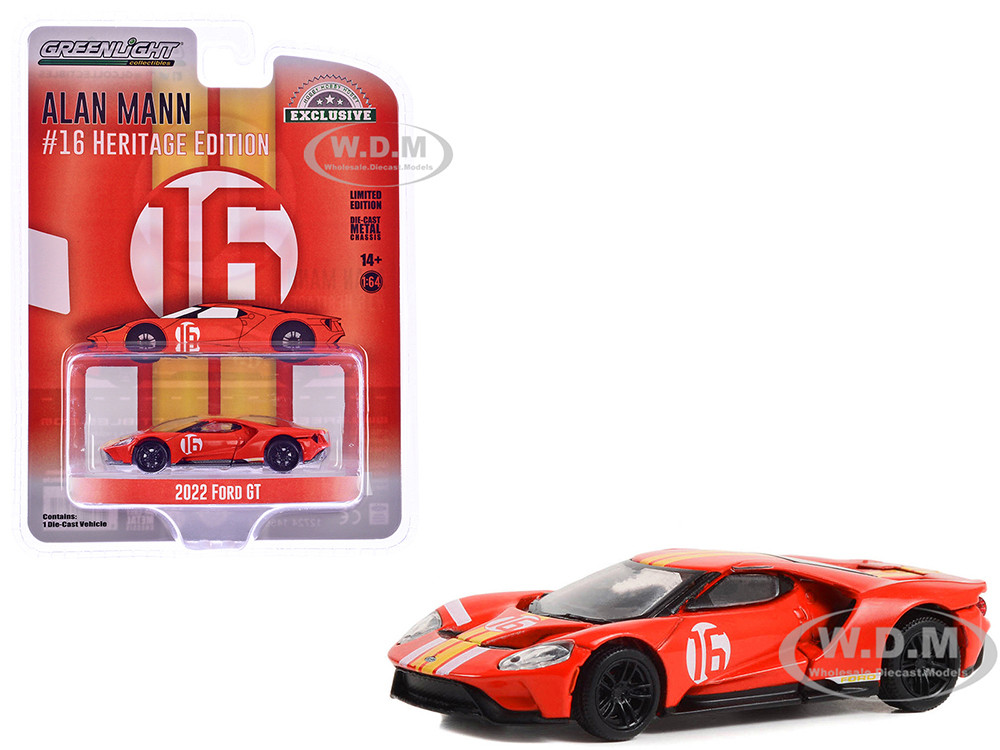 2022 Ford GT Heritage Edition #16 Alan Mann "1966 Ford AM GT-1 Prototype Tribute" Red with Stripes "Hobby Exclusive" Series 1/64 Diecast Model Car by Greenlight diecast model