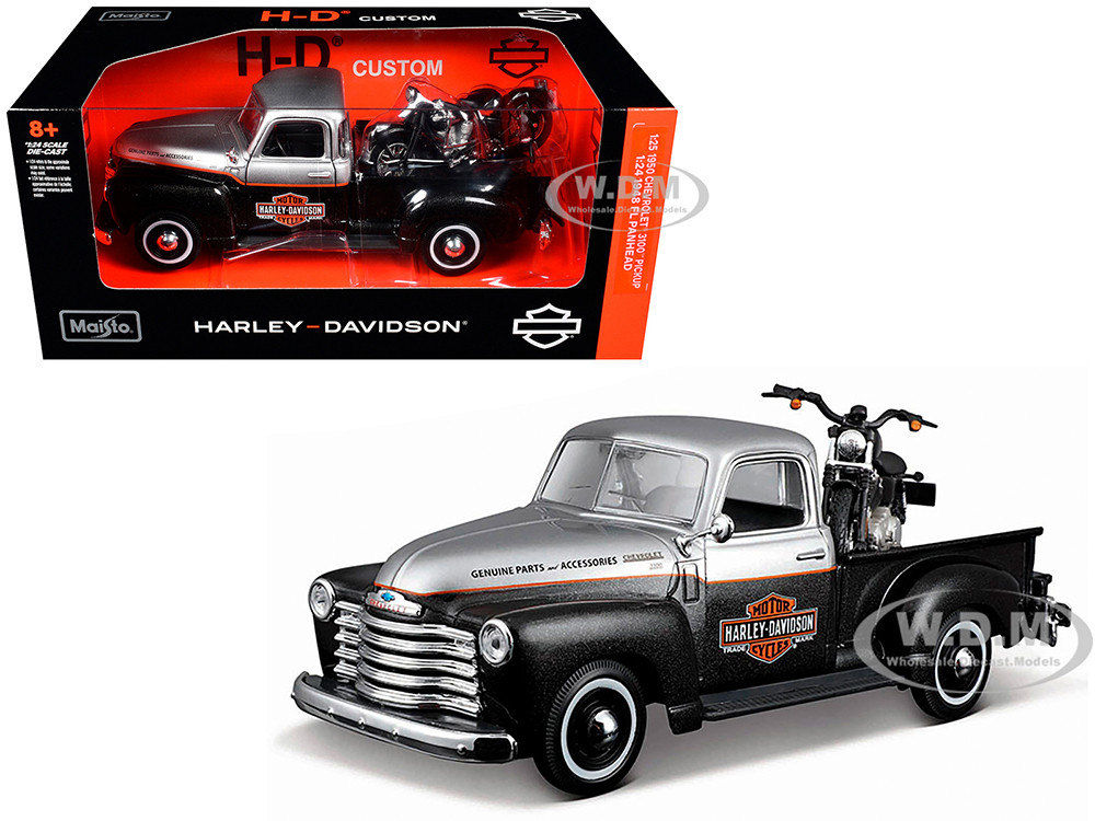 1950 Chevrolet 3100 Pickup Truck "Harley Davidson" Silver Metallic and Black with 1948 Harley Davidson FL Panhead Motorcycle Black "HD Custom" Series 1/24 Diecast Model Car by Maisto diecast model
