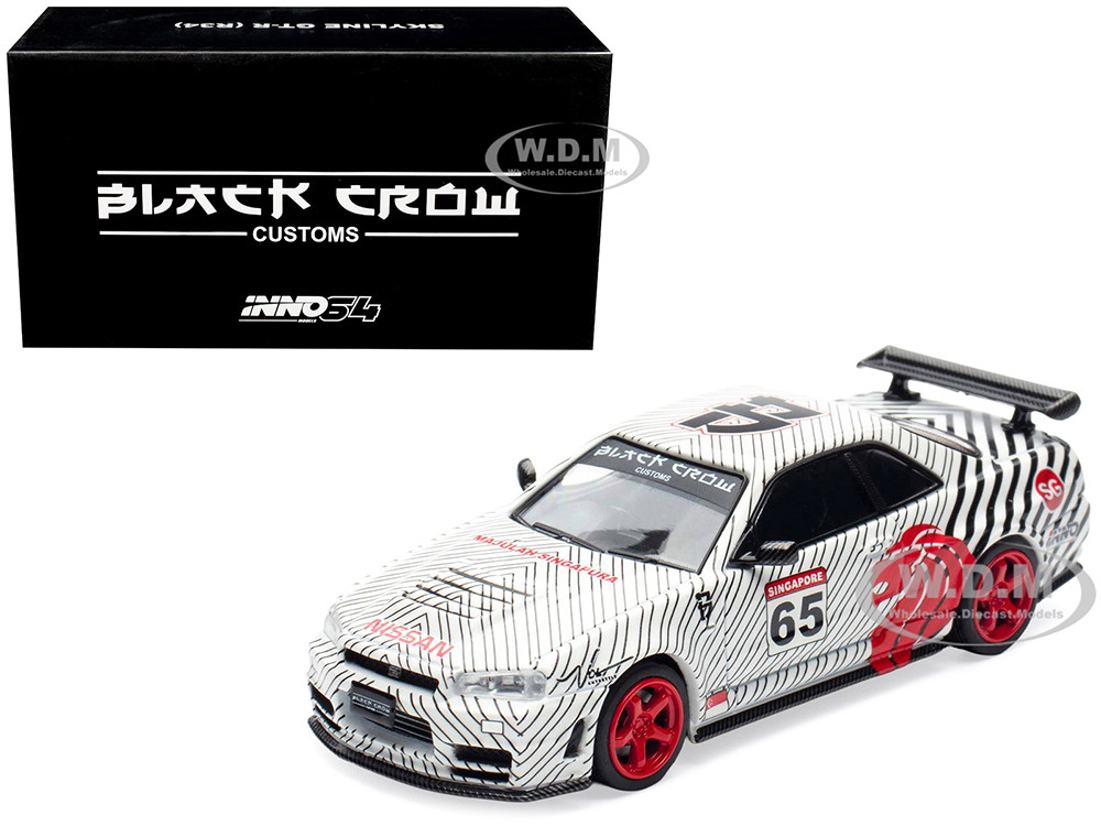 Nissan Skyline GT-R (R34) RHD (Right Hand Drive) #65 "Black Crow" White with Black Pinstripes "Singapore Diecast Expo 2025 Event Edition" 1/64 Diecast Model Car by Inno Models diecast model