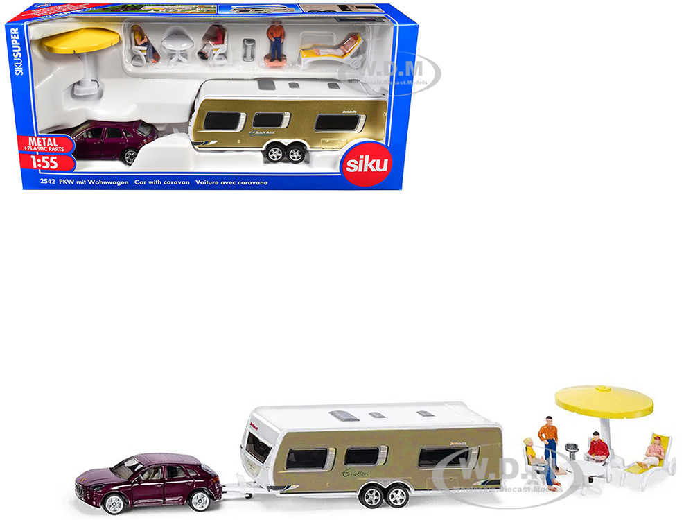 Porsche Macan Turbo Maroon Metallic and Dethleffs Exclusiv Emotion Caravan with Figures and Camp Accessories Set 1/55 Diecast Model by Siku diecast model