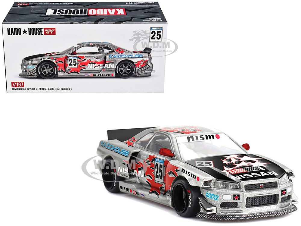 Nissan Skyline GT-R (R34) "Kaido Star Racing V1" RHD (Right Hand Drive) #25 Gray Metallic with Black Hood and Graphics (Designed by Jun Imai) "Kaido House" Special 1/64 Diecast Model Car by Mini GT diecast model