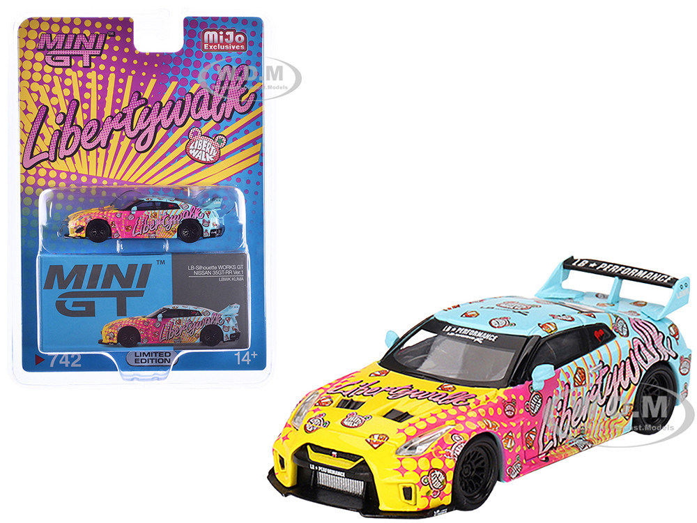 Nissan 35GT-RR Ver.1 "LB-Silhouette Works GT" Light Blue and Yellow with Graphics "LBWK KUMA" Limited Edition 1/64 Diecast Model Car by Mini GT diecast model