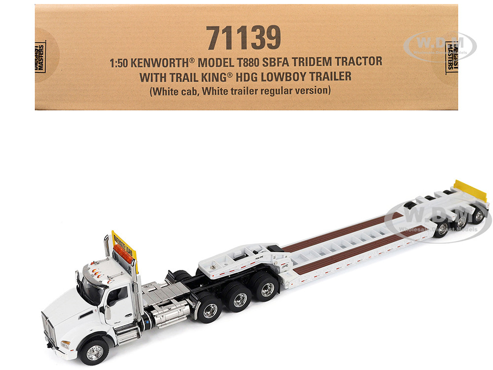 Kenworth T880 SBFA Tridem Truck with Trail King HDG Lowboy Trailer White "Transport Series" 1/50 Diecast Model by Diecast Masters diecast model