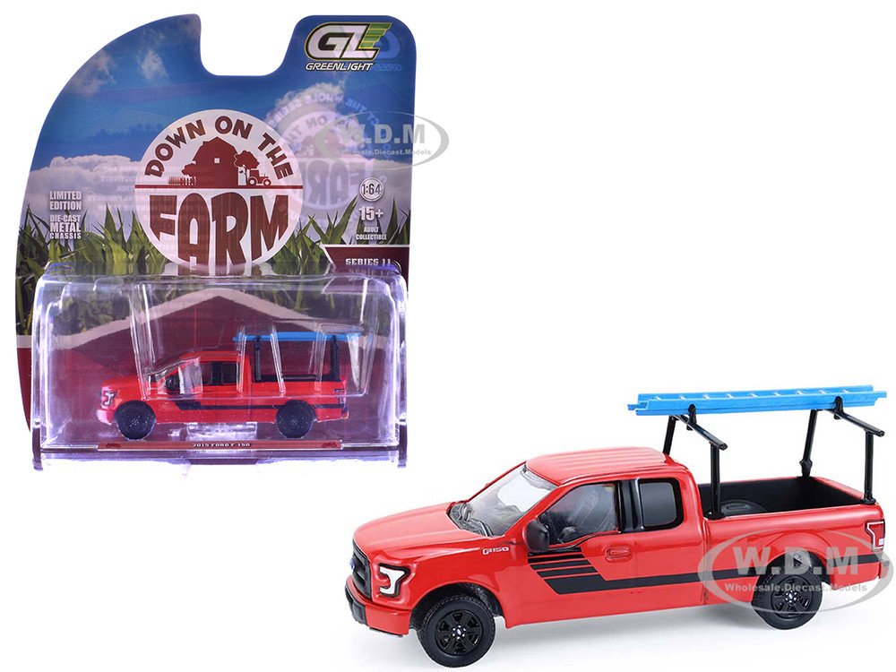2015 Ford F-150 Pickup Truck with Ladder Rack Red with Black Stripes "Down on the Farm" Series 11 1/64 Diecast Model by Greenlight diecast model