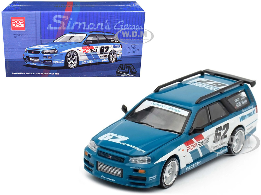 Nissan Stagea RHD (Right Hand Drive) #62 "Simon's Garage" Blue with White Sides 1/64 Diecast Model Car by Pop Race diecast model