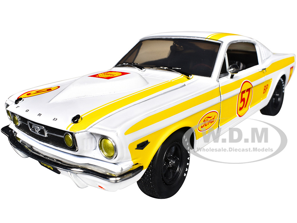 1966 Ford Mustang 2+2 GT #57 "Shell Oil" White with Yellow Stripes Limited Edition to 5650 pieces Worldwide 1/24 Diecast Model Car by M2 Machines diecast model