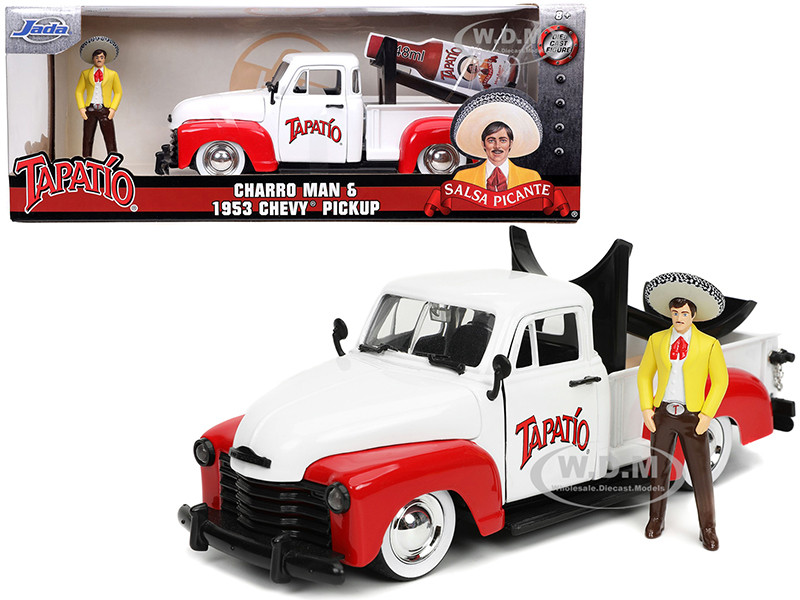 1953 Chevrolet Pickup Truck White and Red with Charro Man Diecast Figurine "Tapatio" 1/24 Diecast Model Car by Jada diecast model
