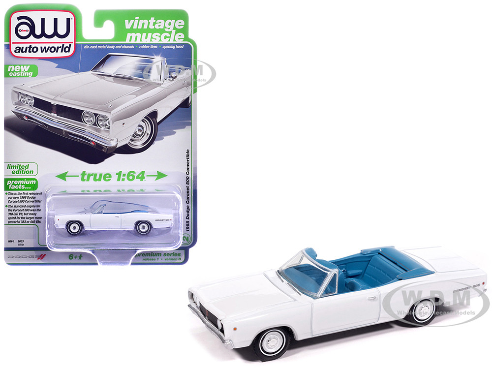 1968 Dodge Coronet 500 Convertible White with Blue Interior "Vintage Muscle" Series 1/64 Diecast Model Car by Auto World diecast model