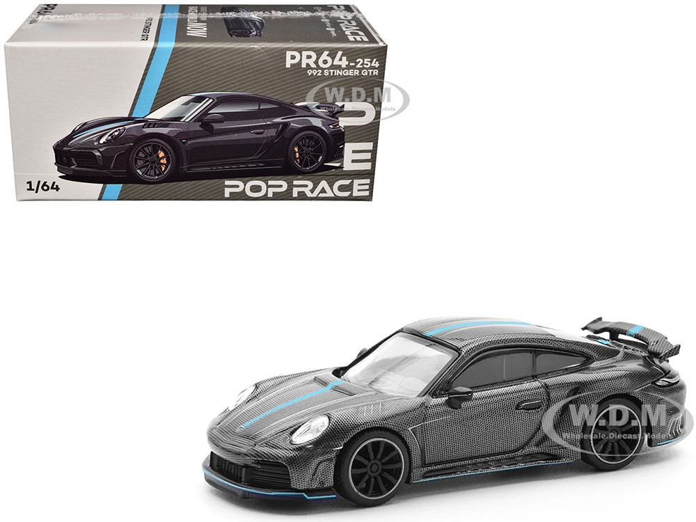 992 Stinger GTR Carbon Edition with Blue Stripe 1/64 Diecast Model Car by Pop Race diecast model