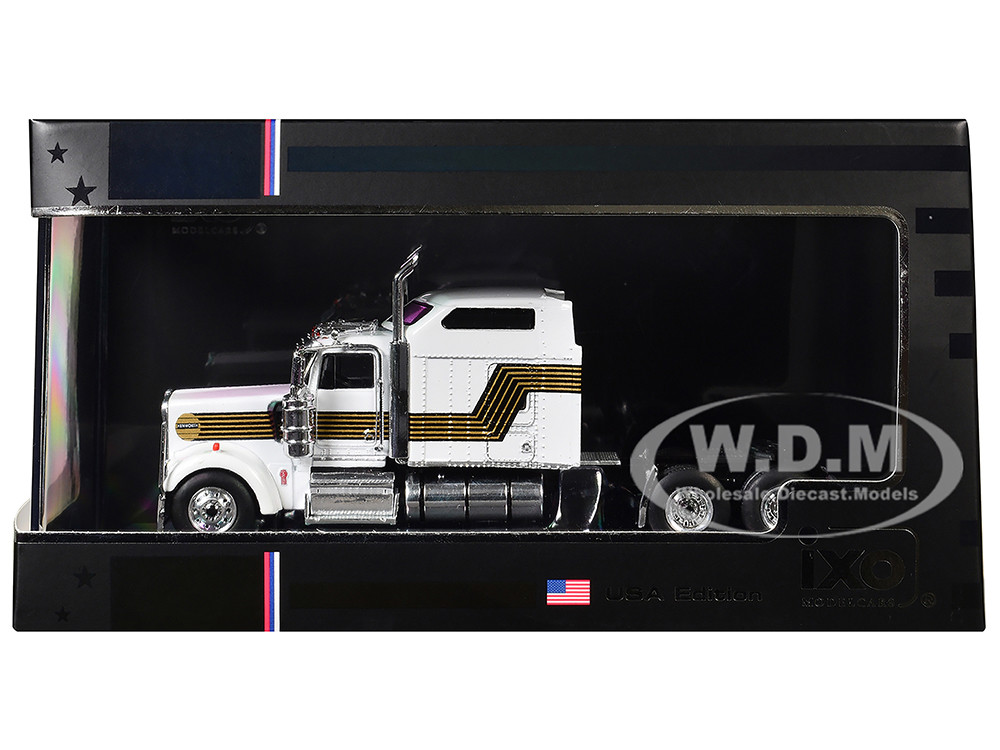 1995 Kenworth W900 Truck Tractor White with Black and Gold Stripes 1/64 Diecast Model by IXO Models diecast model