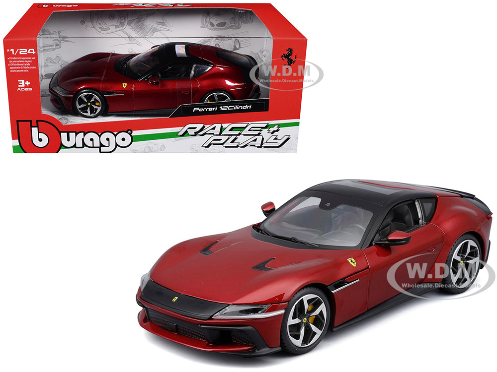 Ferrari 12Cilindri Red Metallic with Black Top "Race + Play" Series 1/24 Diecast Model Car by Bburago diecast model