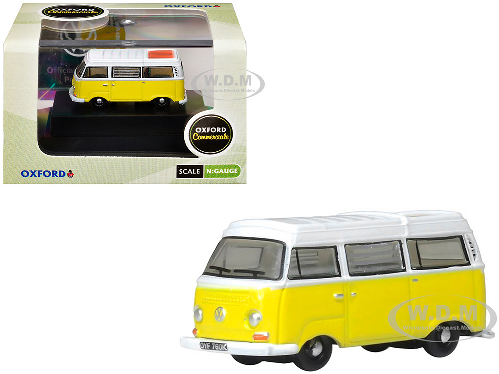 Volkswagen T2 Bay Window Camper Van Saturn Yellow and White 1/148 (N) Scale Diecast Model Car by Oxford Diecast diecast model