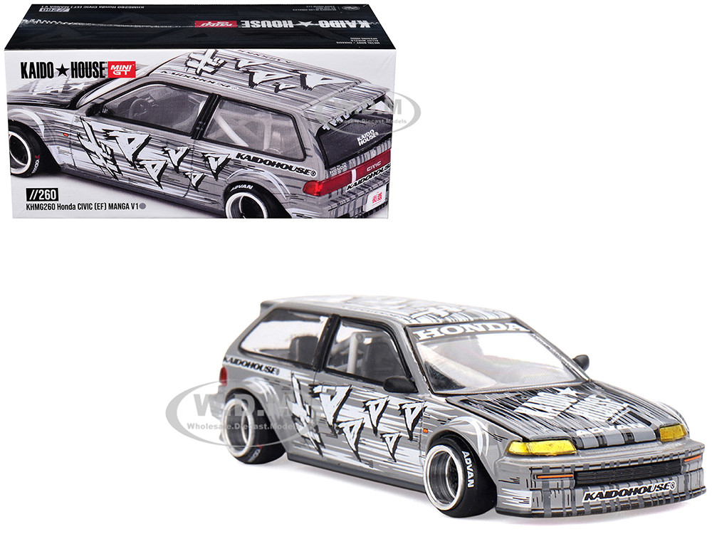 Honda Civic (EF) "Manga V1" Gray Metallic with Graphics (Designed by Jun Imai) "Kaido House" Special 1/64 Diecast Model Car by Mini GT diecast model