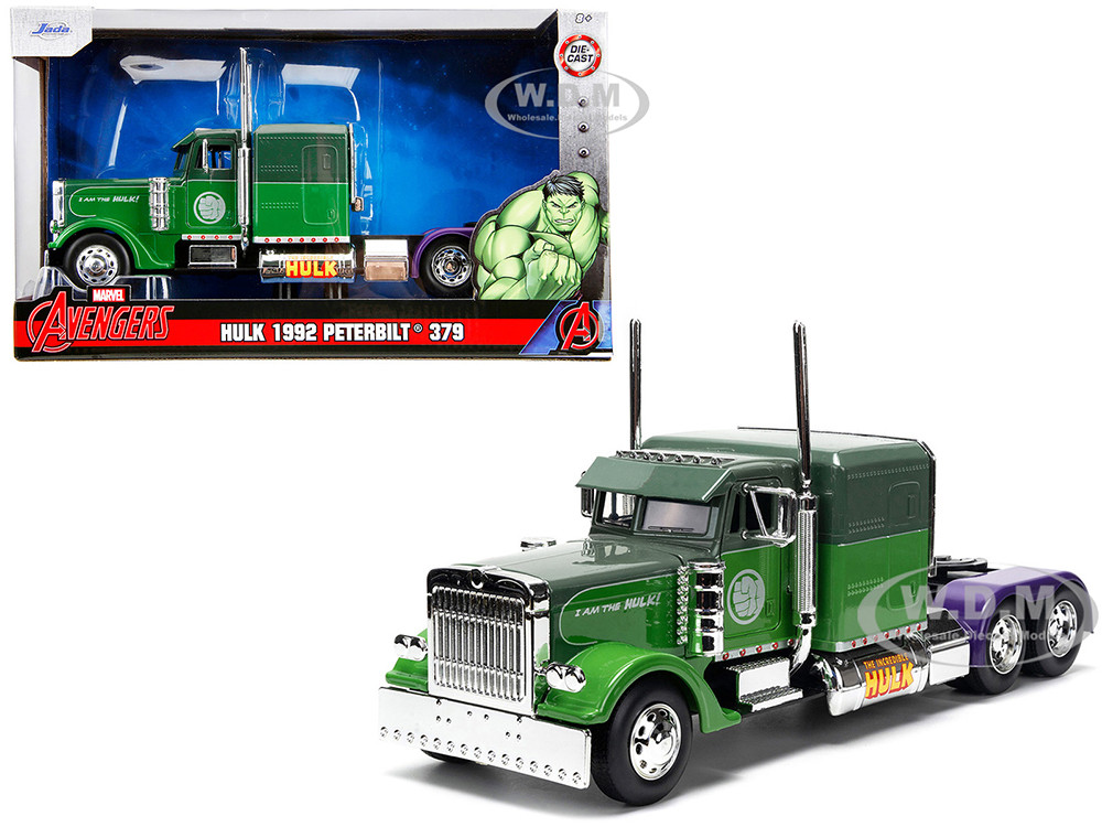 1992 Peterbilt 379 Truck Tractor Green Two-Tone and Purple "The Incredible Hulk" "Marvel Avengers" Series Diecast Model by Jada diecast model