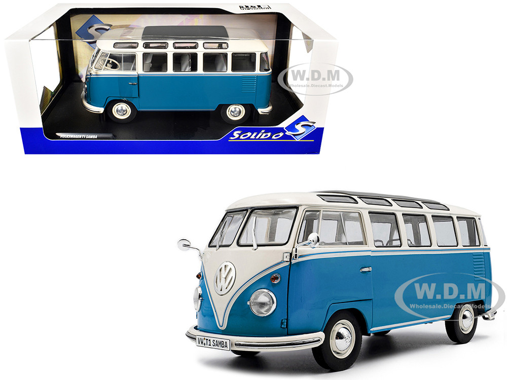 1962 Volkswagen T1 Samba Bus Baby Blue and White 1/18 Diecast Model Car by Solido diecast model