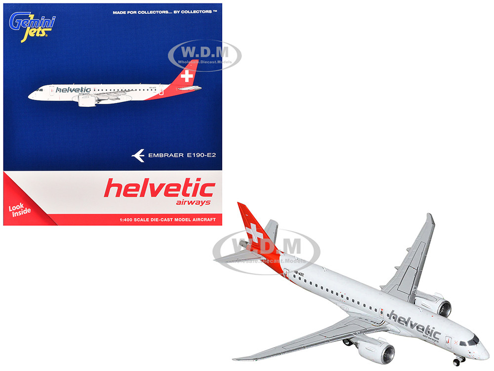 Embraer E190-E2 Commercial Aircraft "Helvetic Airways" (HB-AZC) White with Red Tail 1/400 Diecast Model Airplane by GeminiJets diecast model