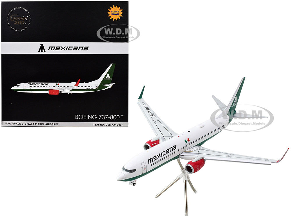Boeing 737-800 Commercial Aircraft with Flaps Down "Mexicana" (XA-ASM) White with Green Stripes "Gemini 200" Series 1/200 Diecast Model Airplane by GeminiJets diecast model