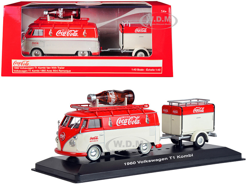 1960 Volkswagen T1 Kombi Van with Trailer Red and Cream "Coca-Cola" 1/43 Diecast Model Car by Motor City Classics diecast model