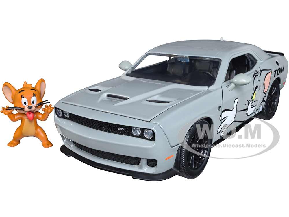 2015 Dodge Challenger Hellcat Gray with "Tom" Graphics and Jerry Diecast Figure "Tom and Jerry" "Hollywood Rides" Series 1/24 Diecast Model Car by Jada diecast model