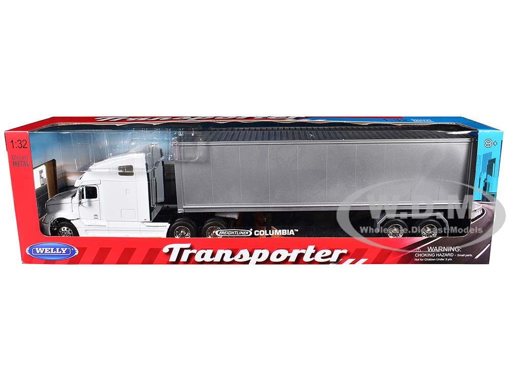 Freightliner Columbia Truck White with Gray Container 1/32 Diecast Model by Welly diecast model