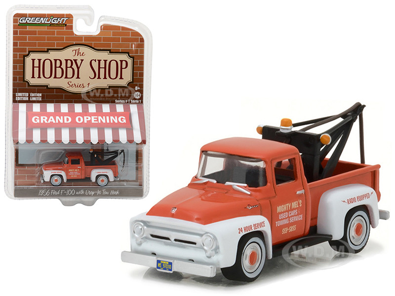 1956 Ford F-100 Red and White with Drop-in Tow Hook "The Hobby Shop" Series 1 1/64 Diecast Model Car by Greenlight diecast model