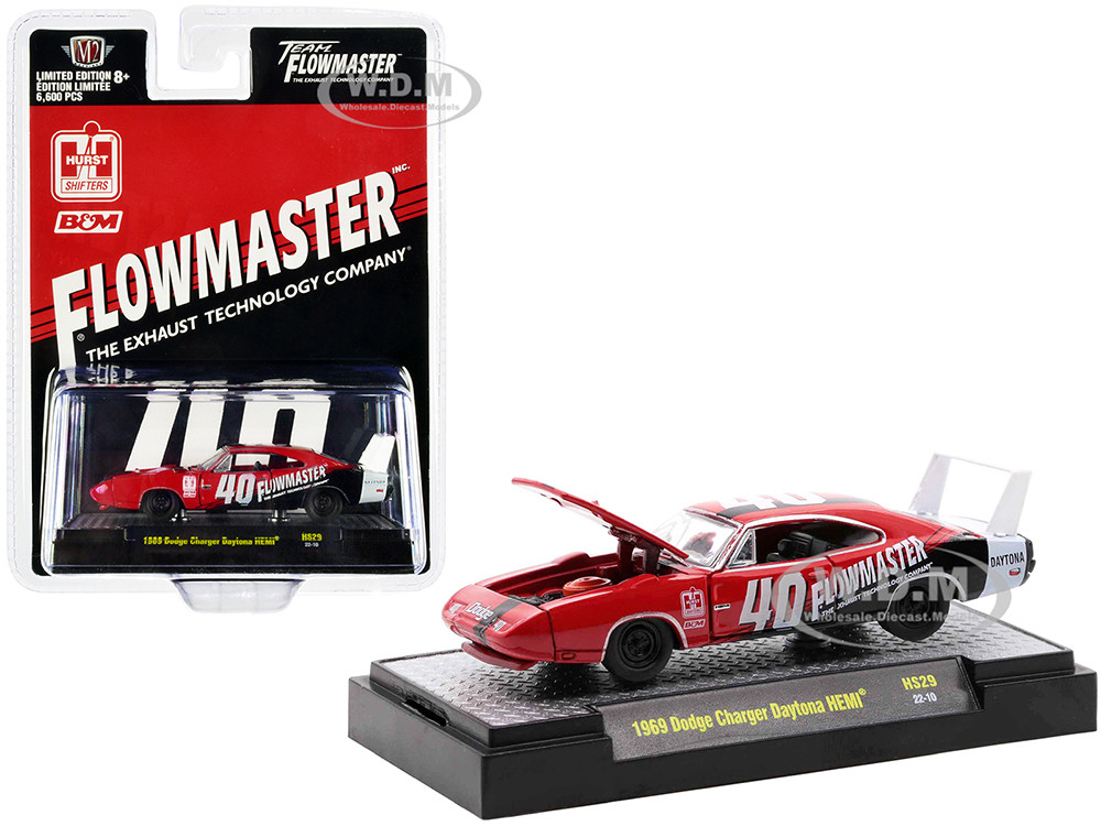 1969 Dodge Charger Daytona HEMI #40 Red with Graphics "Flowmaster" Limited Edition to 6600 pieces Worldwide 1/64 Diecast Model Car by M2 Machines diecast model